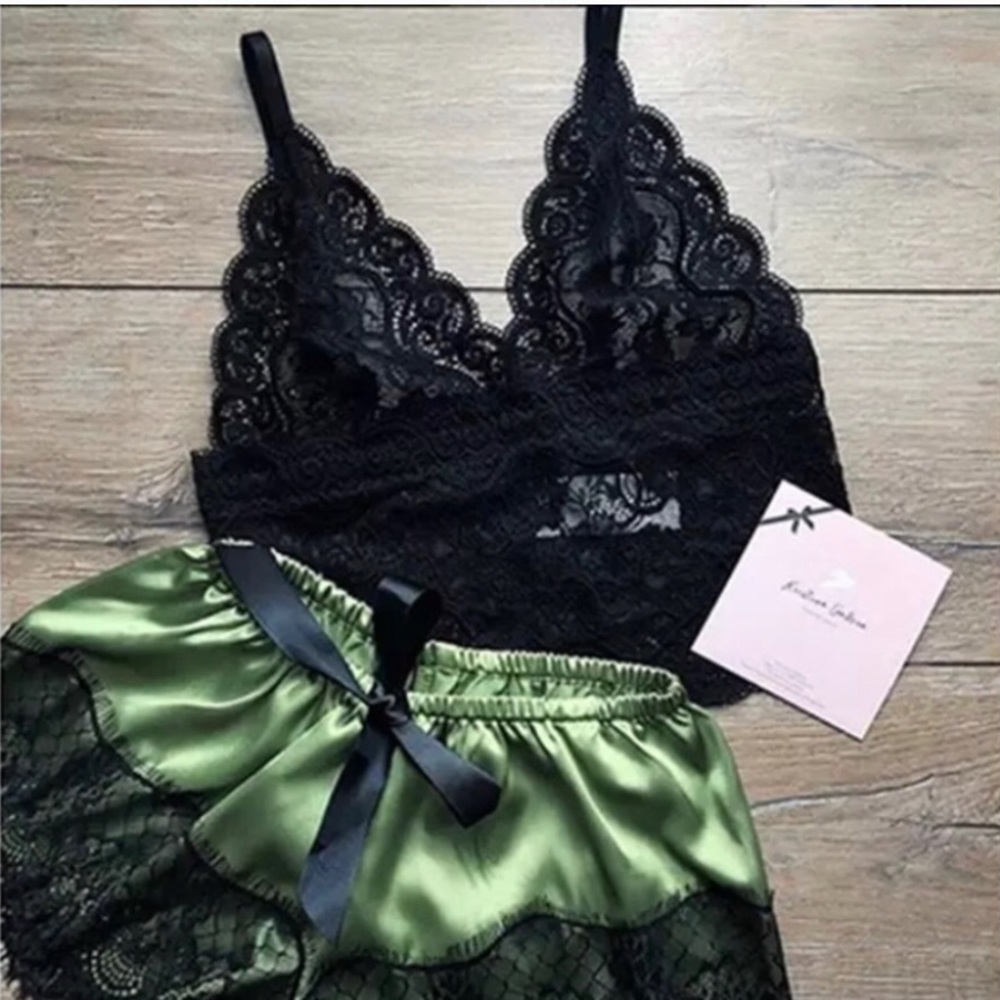 Sexy Lace Bra Cami & Kelly Green Silk Short Set